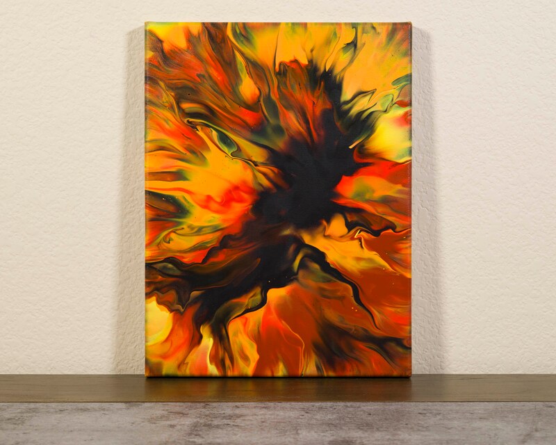 Dark Energy | Original Fluid Acrylic Pour Painting, Orange and Black Acrylic Fluid Art, Small Abstract Painting, Canvas Wall Art, 9x12